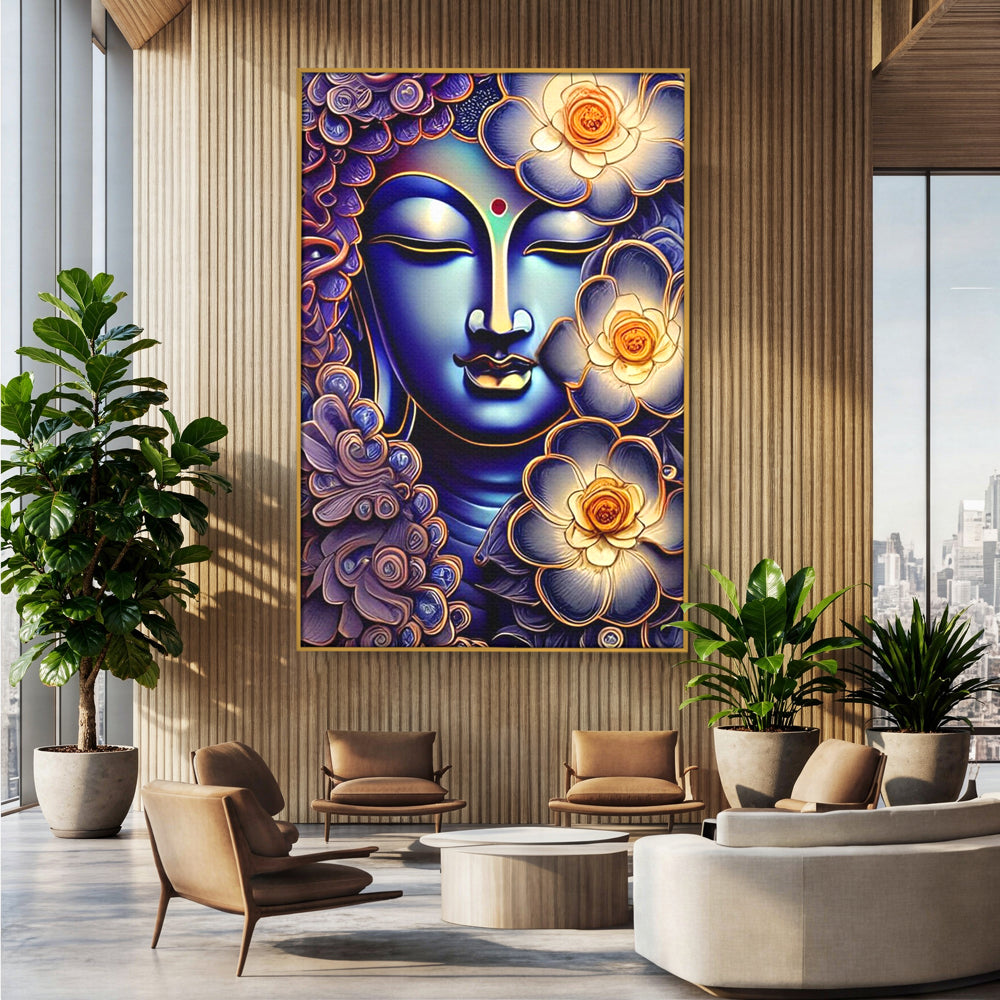 Tablou canvas cu tablou canvas cu portretul lui buddha, in rama de aluminiu auriu, pe perete intr-un birou