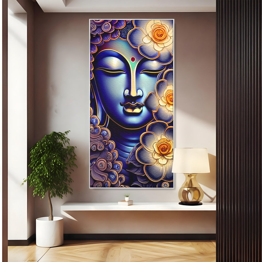 Tablou canvas cu tablou canvas cu portretul lui buddha, in rama de aluminiu argintiu