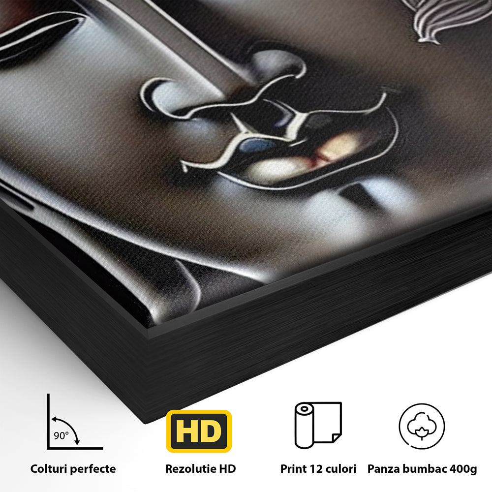 Detaliu al suprafetei: tablou canvas cu chipul lui buddha si flori, in rama de aluminiu negru