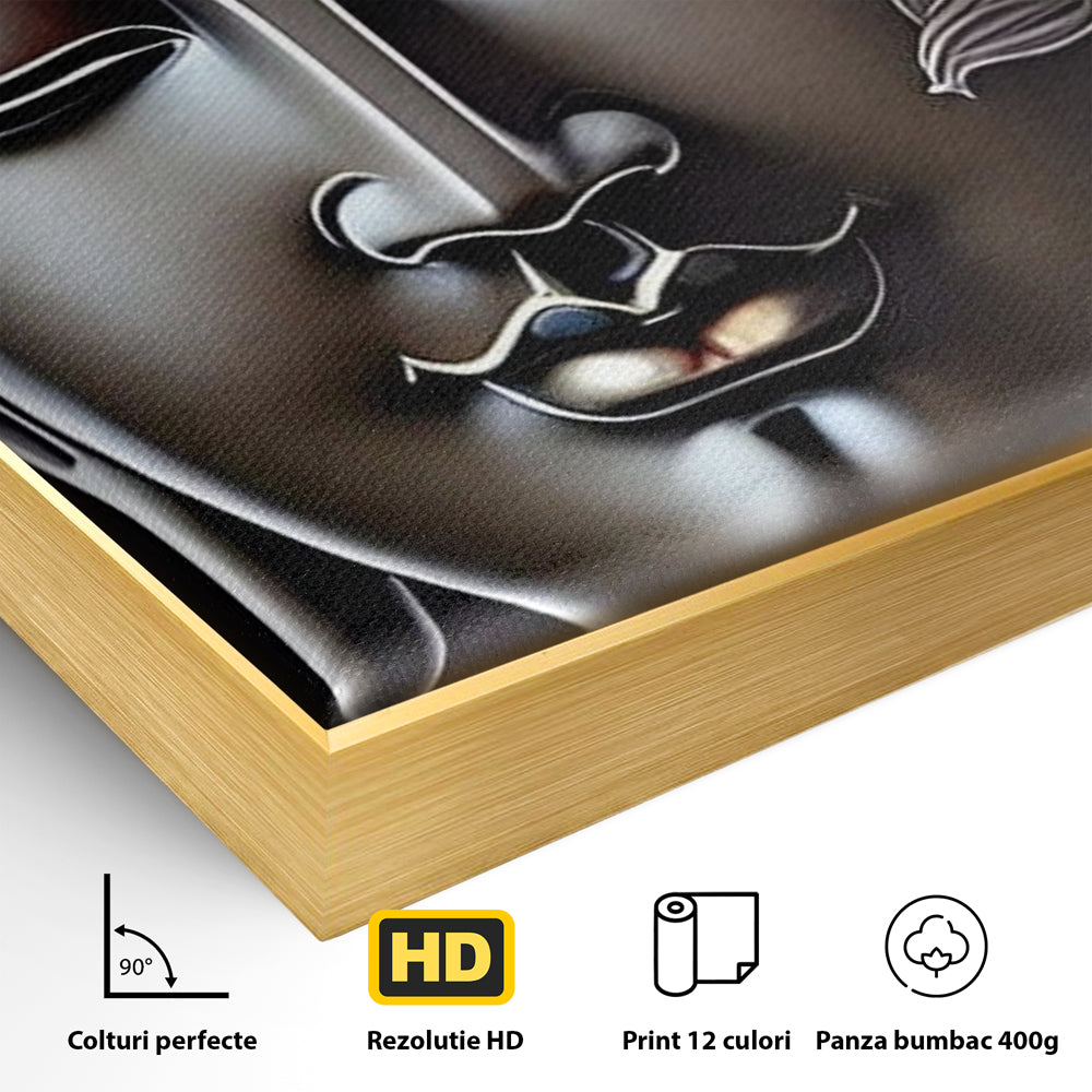 Detaliu al suprafetei: tablou canvas cu chipul lui buddha si flori, in rama de aluminiu auriu