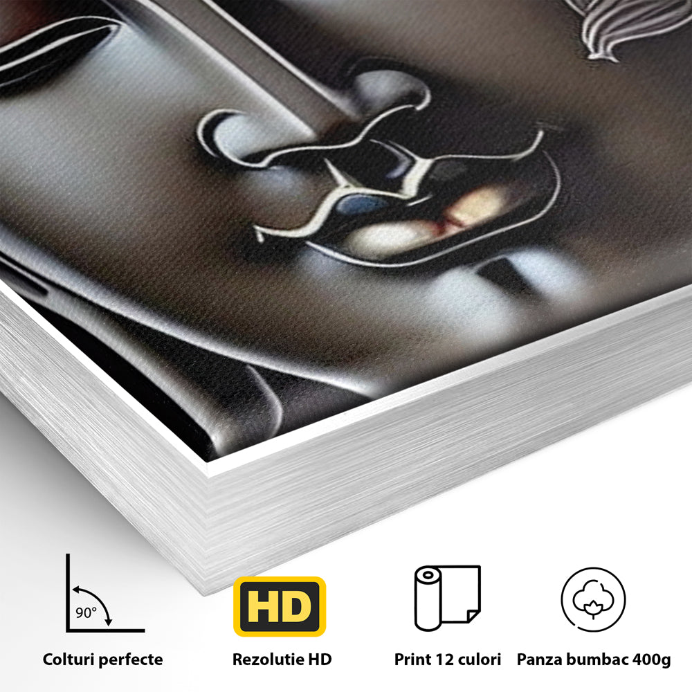 Detaliu al suprafetei: tablou canvas cu chipul lui buddha si flori, in rama de aluminiu argintiu