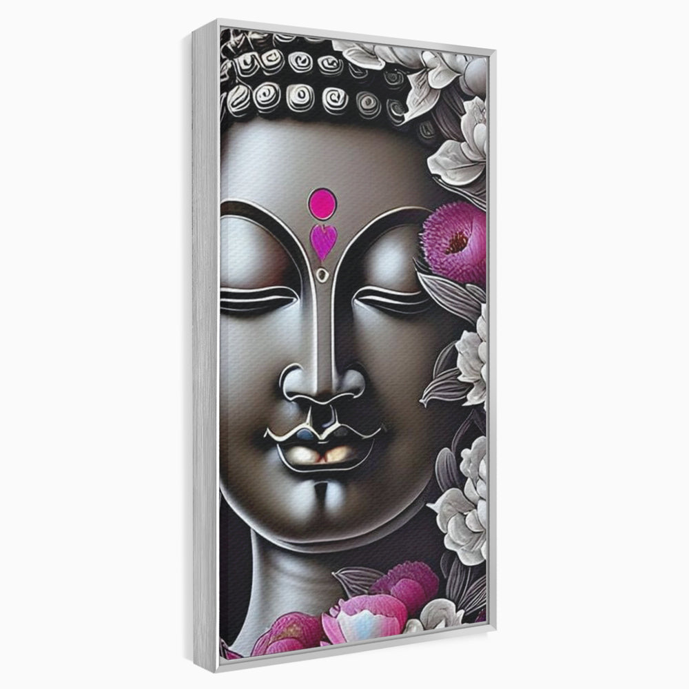 Tablou canvas cu tablou canvas cu chipul lui buddha si flori, in rama de aluminiu argintiu