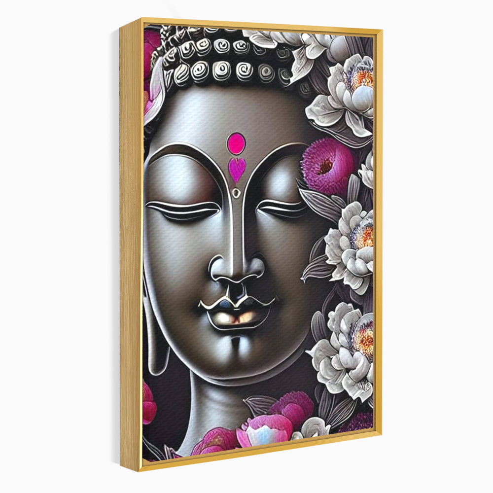 Tablou canvas cu tablou canvas cu chipul lui buddha si flori, in rama de aluminiu auriu