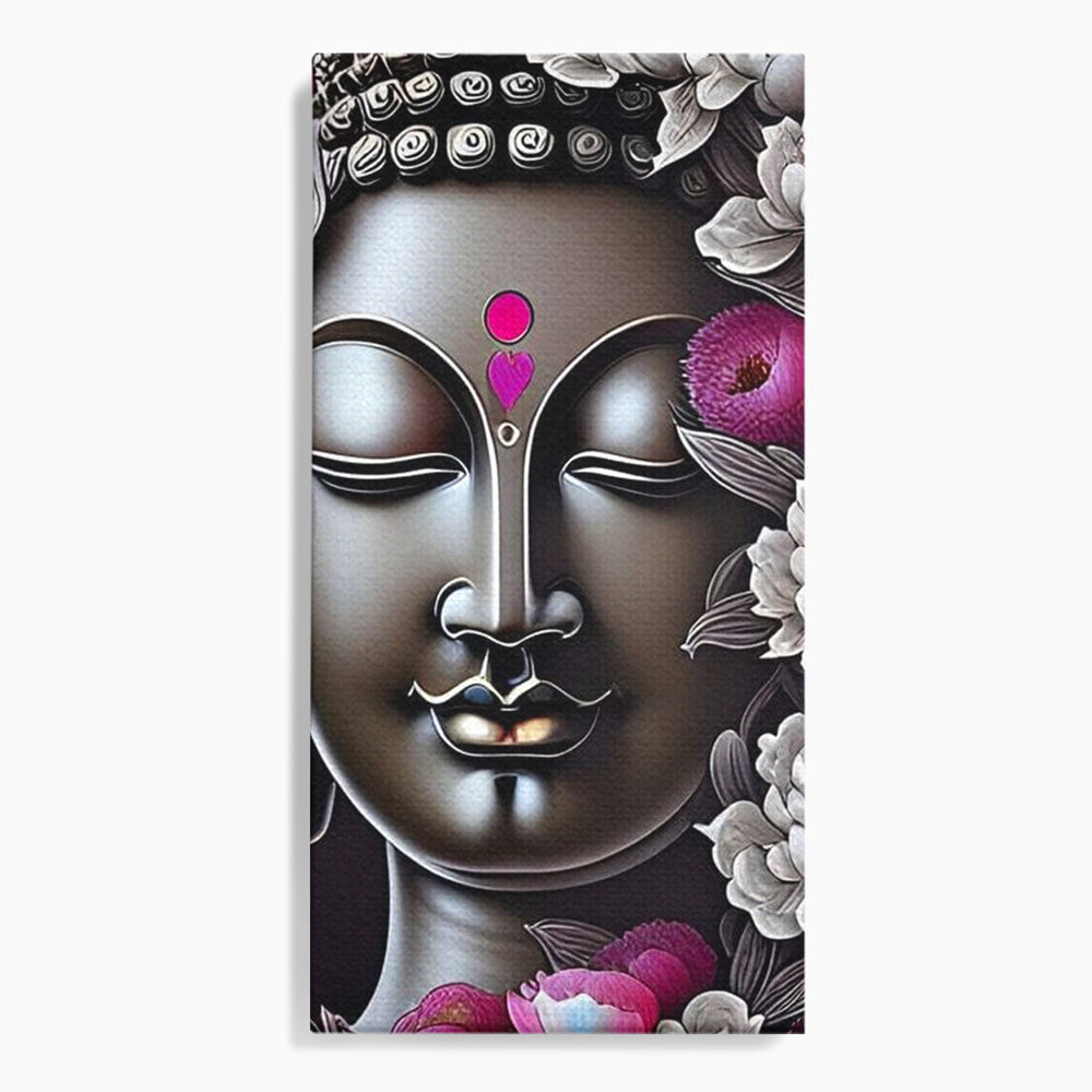 Tablou canvas cu tablou canvas cu chipul lui buddha si flori, fara rama, pe sasiu de lemn