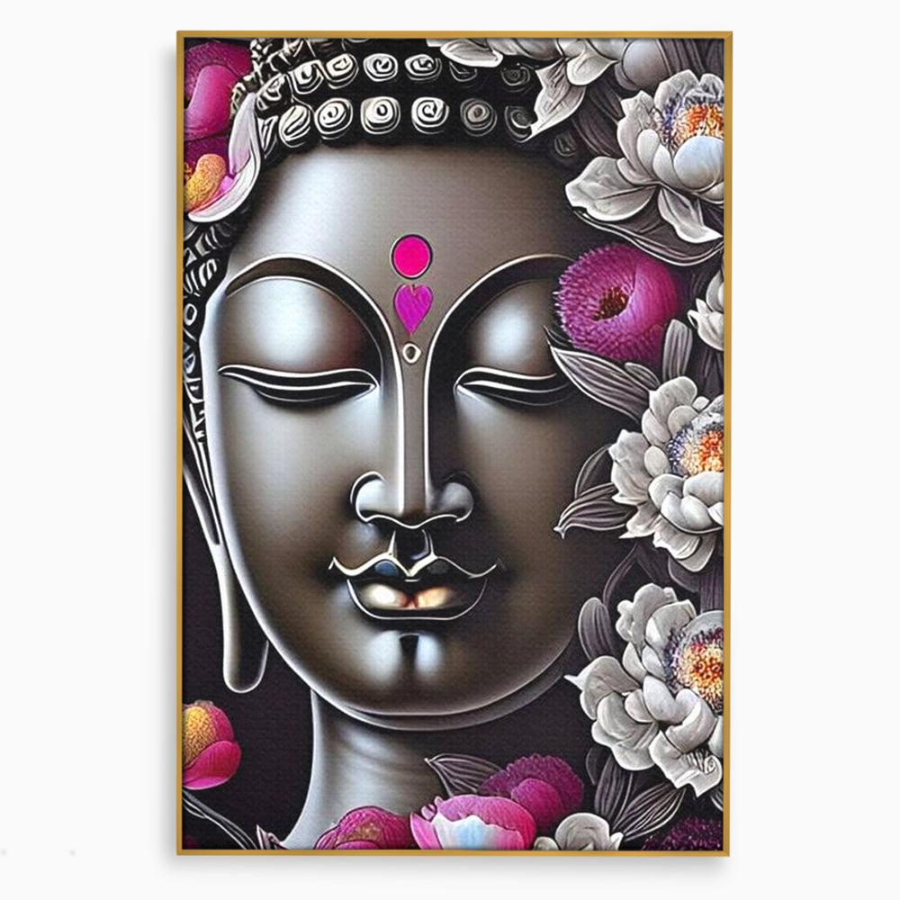 Tablou canvas cu tablou canvas cu chipul lui buddha si flori, in rama de aluminiu auriu