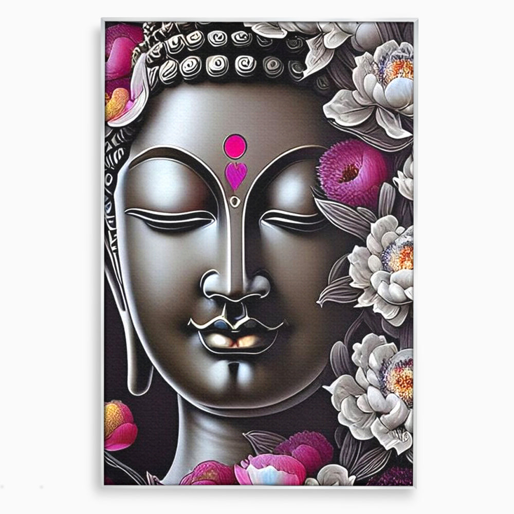 Tablou canvas cu tablou canvas cu chipul lui buddha si flori, in rama de aluminiu argintiu