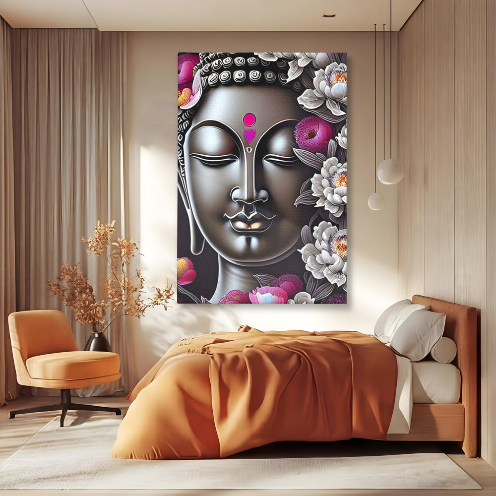 Tablou canvas cu tablou canvas cu chipul lui buddha si flori, fara rama, pe sasiu de lemn, pe perete intr-un dormitor