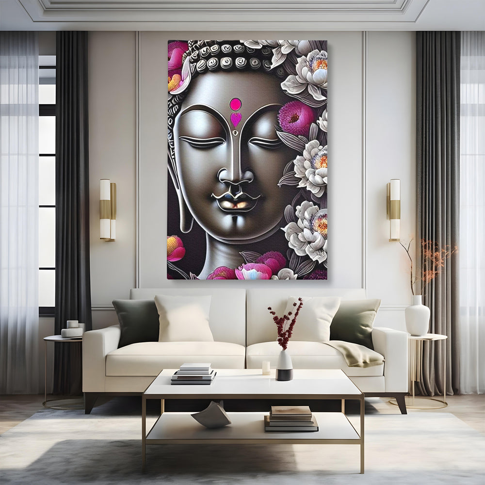 Tablou canvas cu tablou canvas cu chipul lui buddha si flori, fara rama, pe sasiu de lemn, pe perete intr-un living