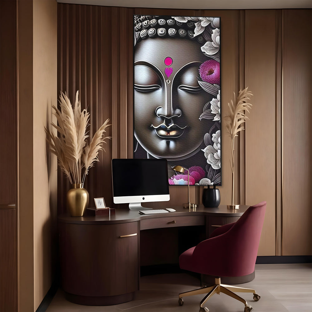 Tablou canvas cu tablou canvas cu chipul lui buddha si flori, in rama de aluminiu negru, pe perete intr-un birou