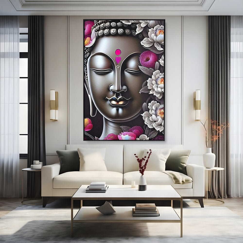 Tablou canvas cu tablou canvas cu chipul lui buddha si flori, in rama de aluminiu negru, pe perete intr-un living