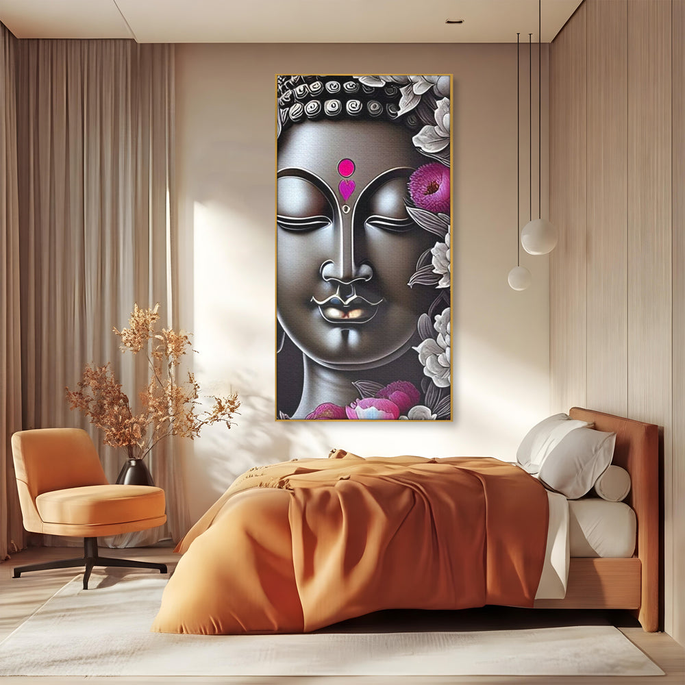 Tablou canvas cu tablou canvas cu chipul lui buddha si flori, in rama de aluminiu auriu, pe perete intr-un dormitor
