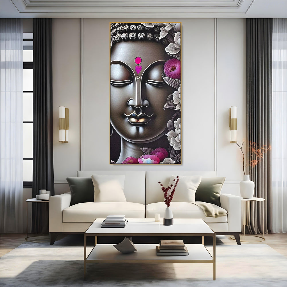 Tablou canvas cu tablou canvas cu chipul lui buddha si flori, in rama de aluminiu auriu, pe perete intr-un living