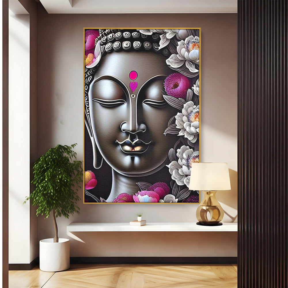 Tablou canvas cu tablou canvas cu chipul lui buddha si flori, in rama de aluminiu auriu