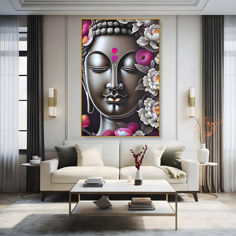 Tablou canvas cu tablou canvas cu chipul lui buddha si flori, in rama de aluminiu auriu, pe perete intr-un living