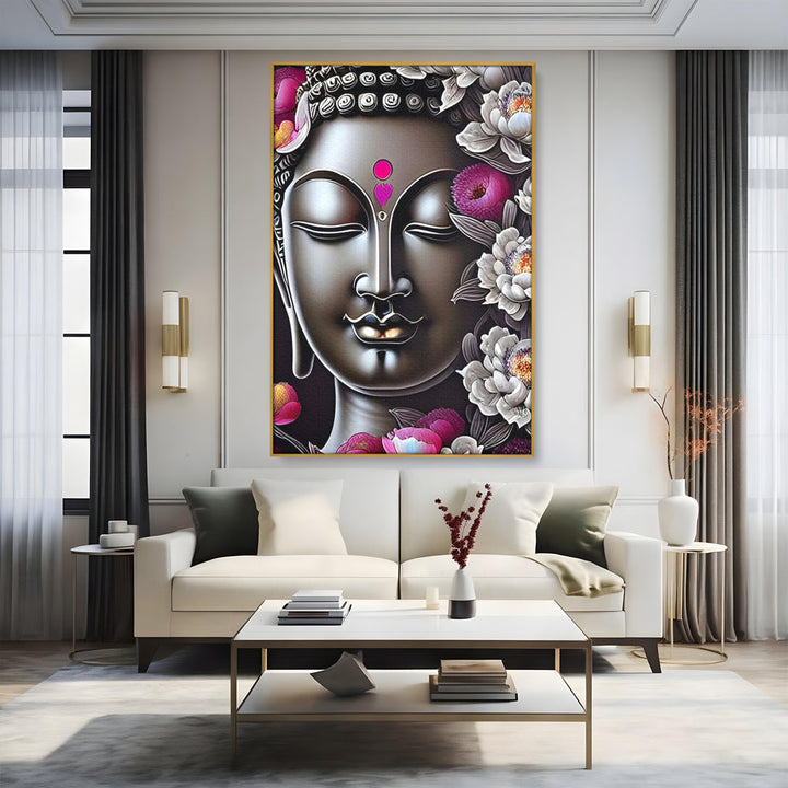 Tablou canvas cu tablou canvas cu chipul lui buddha si flori, in rama de aluminiu auriu, pe perete intr-un living