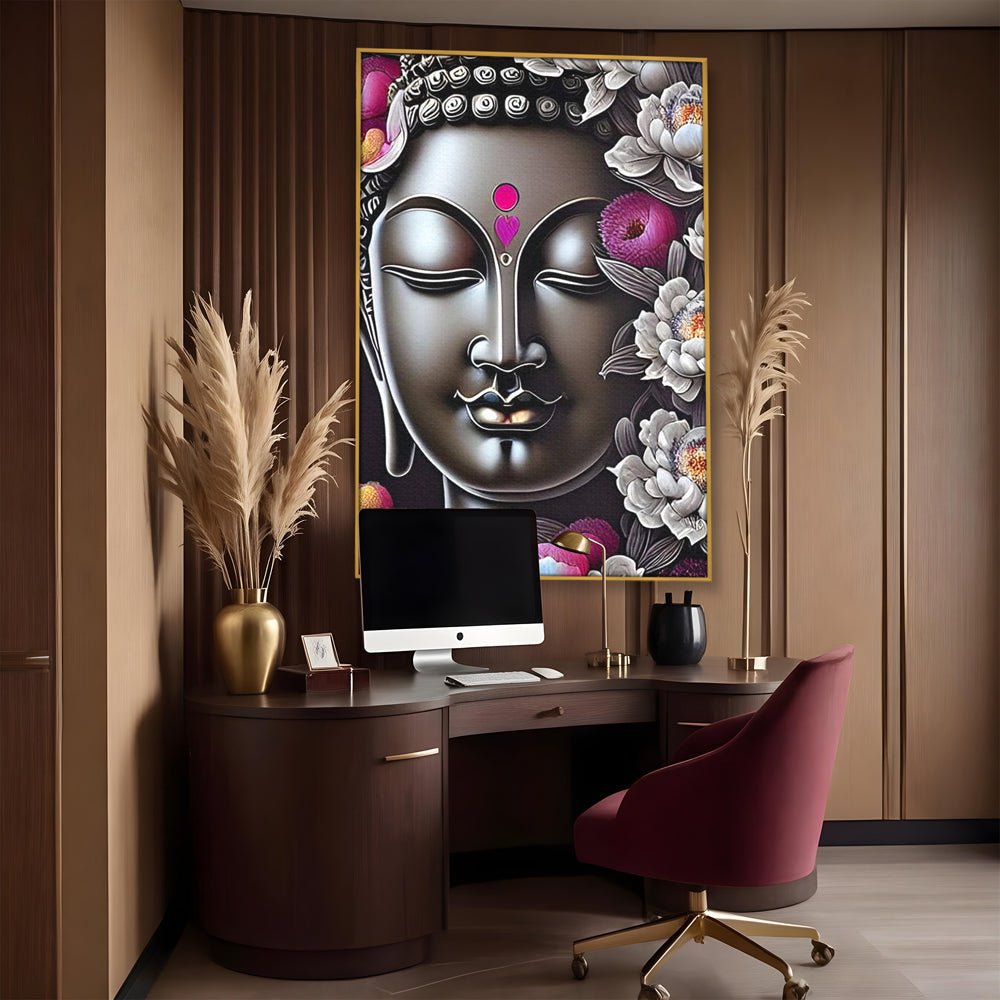 Tablou canvas cu tablou canvas cu chipul lui buddha si flori, in rama de aluminiu auriu, pe perete intr-un birou