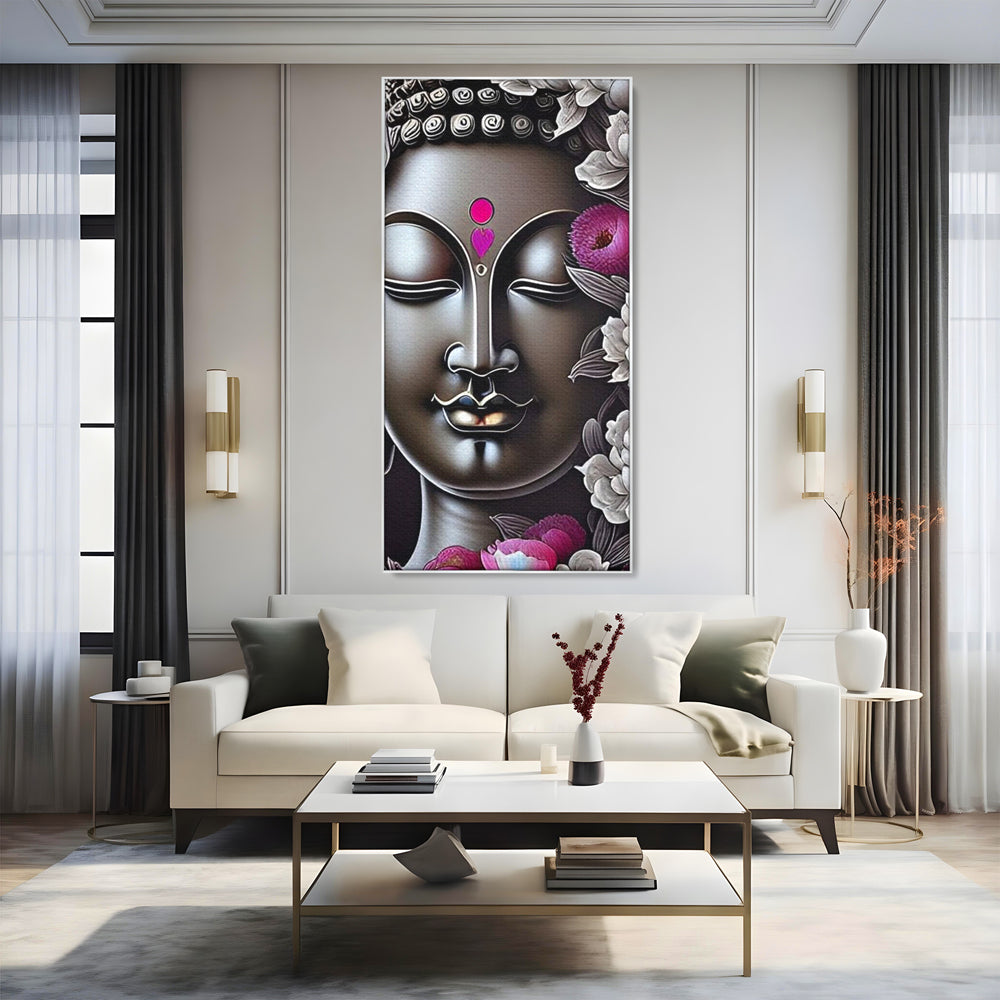 Tablou canvas cu tablou canvas cu chipul lui buddha si flori, in rama de aluminiu argintiu, pe perete intr-un living