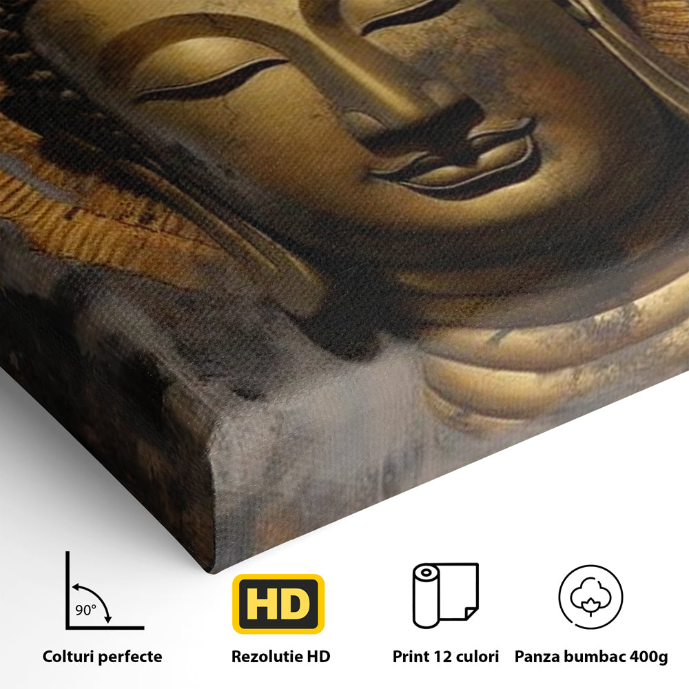 Detaliu al suprafetei: tablou canvas cu capul lui buddha, fara rama, pe sasiu de lemn