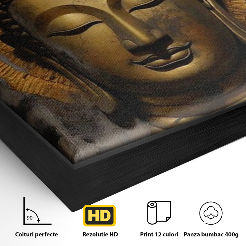 Detaliu al suprafetei: tablou canvas cu capul lui buddha, in rama de aluminiu negru