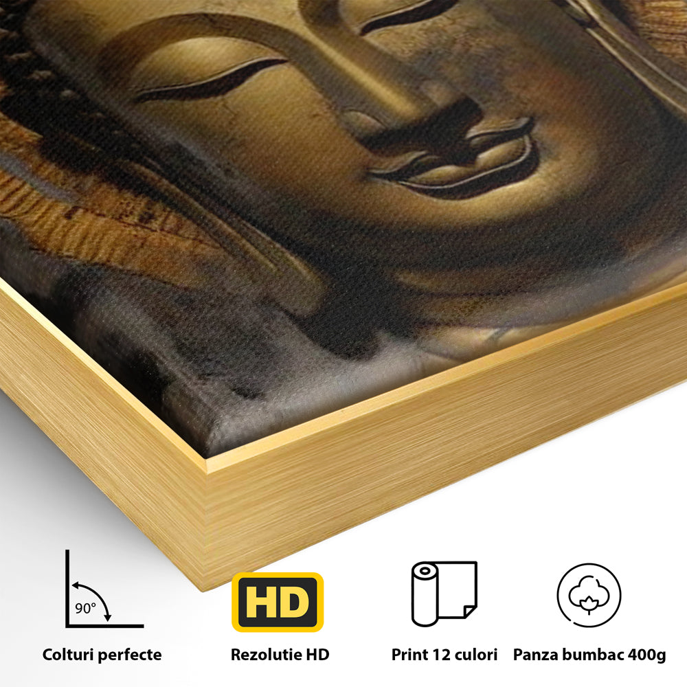 Detaliu al suprafetei: tablou canvas cu capul lui buddha, in rama de aluminiu auriu