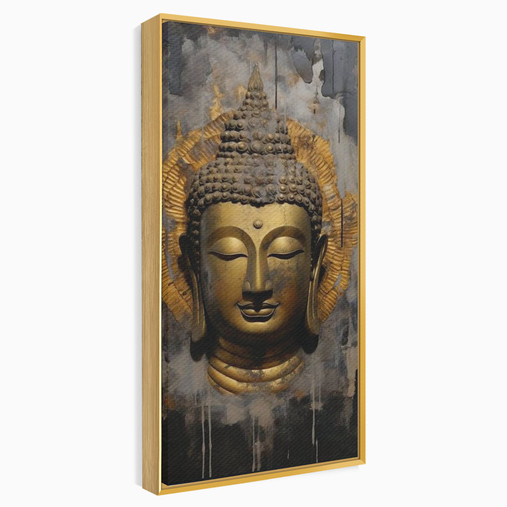 Tablou canvas cu tablou canvas cu capul lui buddha, in rama de aluminiu auriu