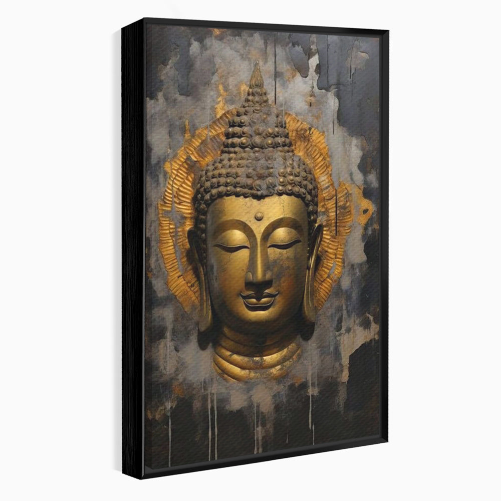Tablou canvas cu tablou canvas cu capul lui buddha, in rama de aluminiu negru