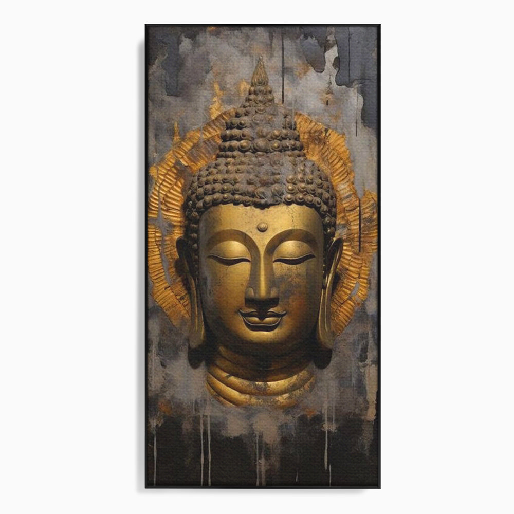 Tablou canvas cu tablou canvas cu capul lui buddha, in rama de aluminiu negru