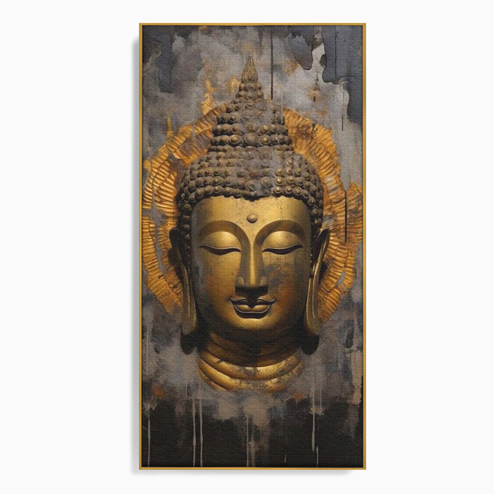 Tablou canvas cu tablou canvas cu capul lui buddha, in rama de aluminiu auriu