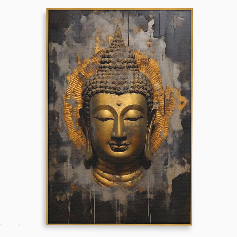 Tablou canvas cu tablou canvas cu capul lui buddha, in rama de aluminiu auriu