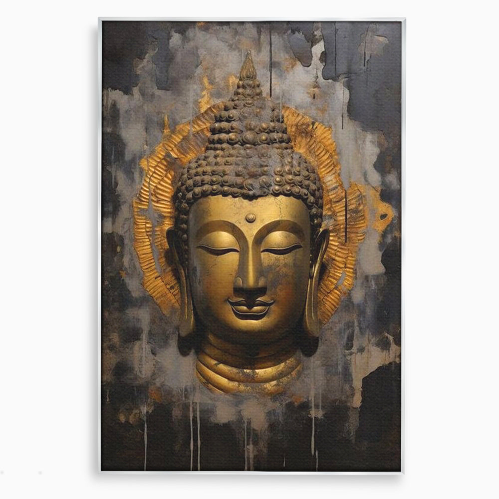 Tablou canvas cu tablou canvas cu capul lui buddha, in rama de aluminiu argintiu