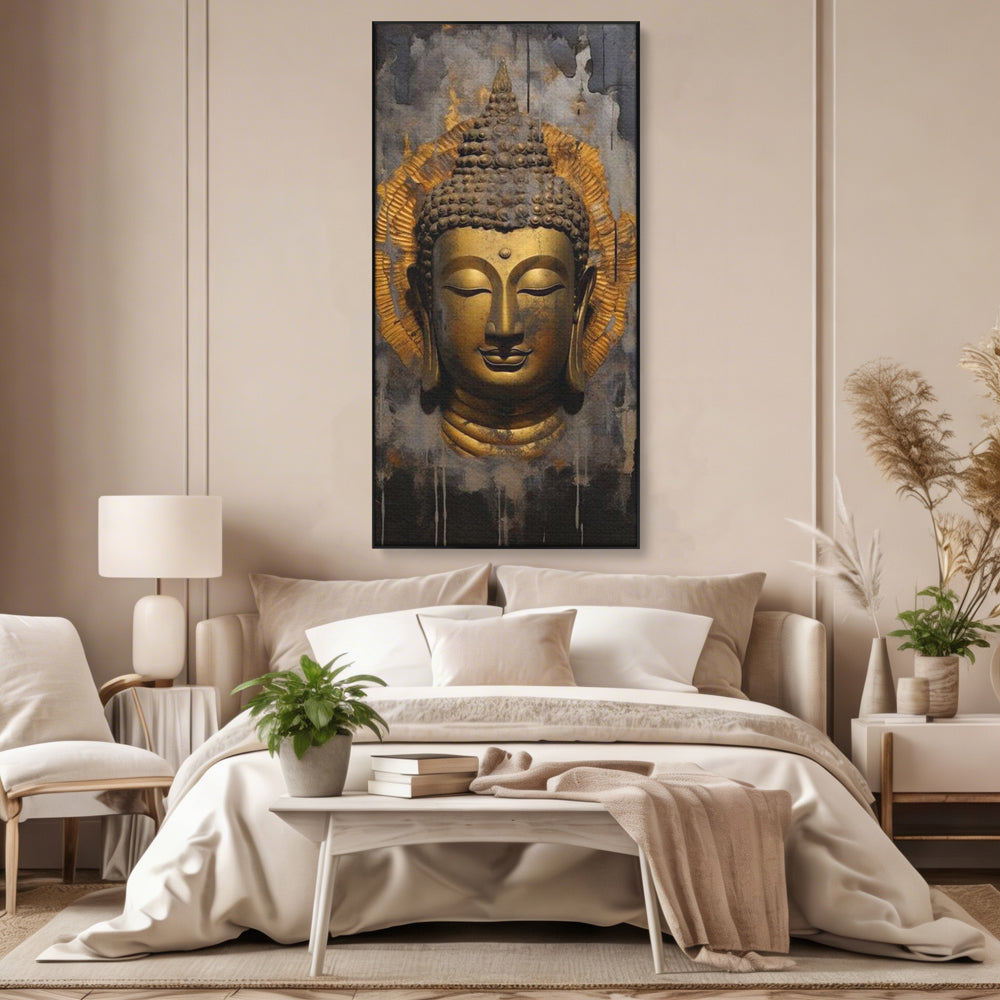 Tablou canvas cu tablou canvas cu capul lui buddha, in rama de aluminiu negru, pe perete intr-un dormitor