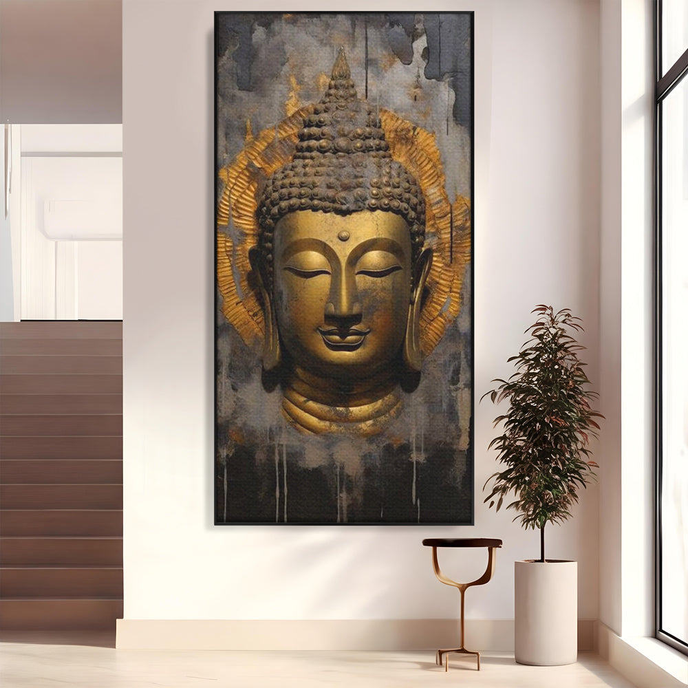 Tablou canvas cu tablou canvas cu capul lui buddha, in rama de aluminiu negru