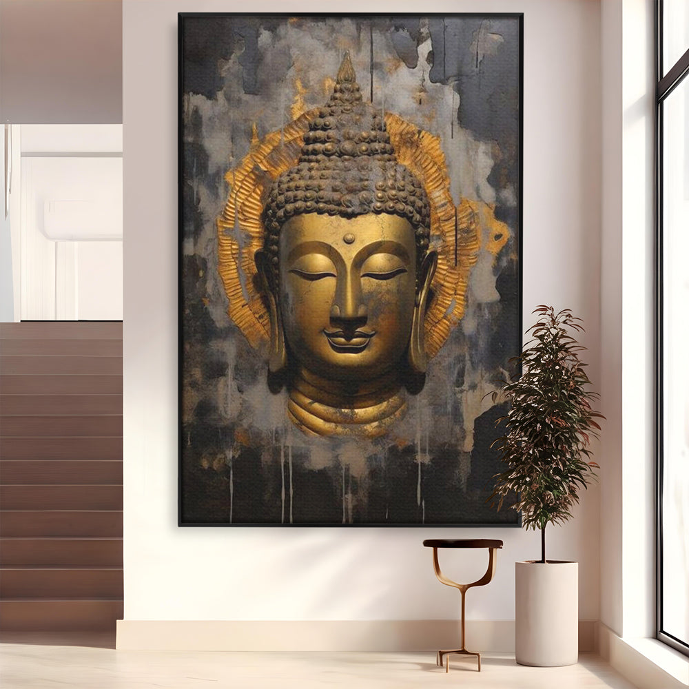 Tablou canvas cu tablou canvas cu capul lui buddha, in rama de aluminiu negru