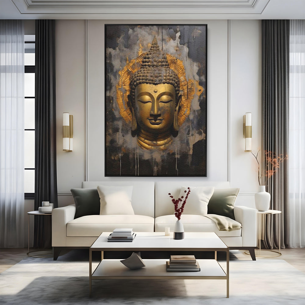 Tablou canvas cu tablou canvas cu capul lui buddha, in rama de aluminiu negru, pe perete intr-un living