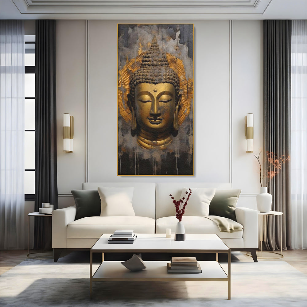 Tablou canvas cu tablou canvas cu capul lui buddha, in rama de aluminiu auriu, pe perete intr-un living
