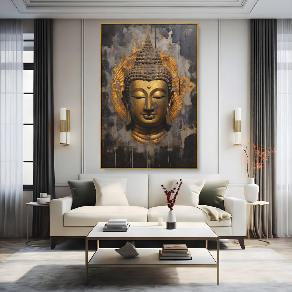Tablou canvas cu tablou canvas cu capul lui buddha, in rama de aluminiu auriu, pe perete intr-un living