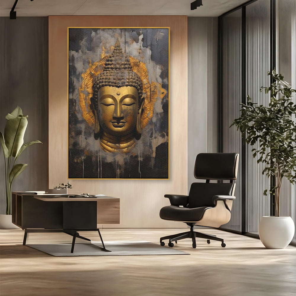 Tablou canvas cu tablou canvas cu capul lui buddha, in rama de aluminiu auriu, pe perete intr-un birou