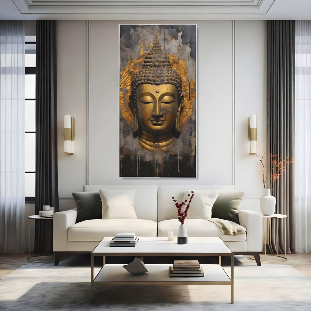 Tablou canvas cu tablou canvas cu capul lui buddha, in rama de aluminiu argintiu, pe perete intr-un living