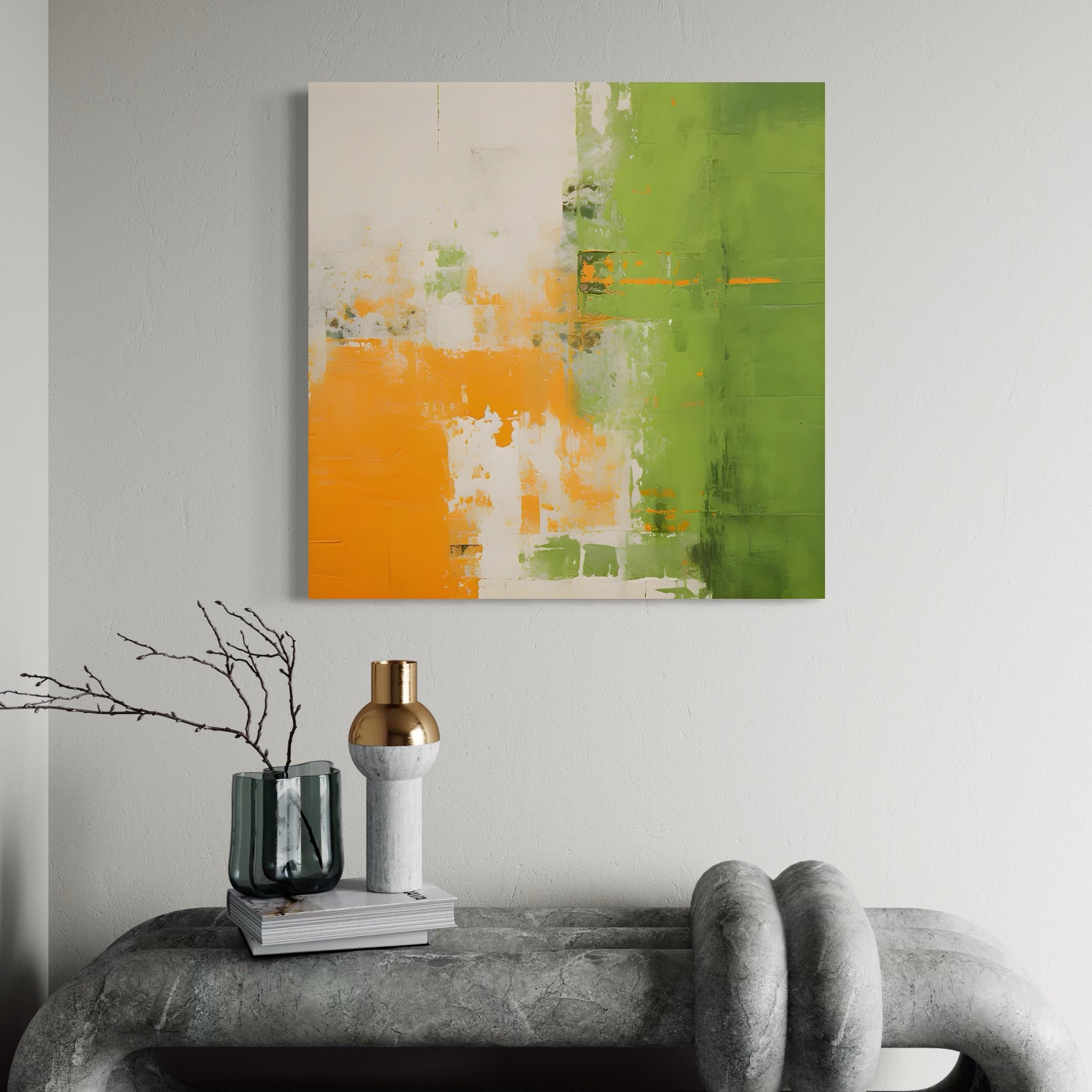 Tablou Canvas Premium LuxCanva® C1201, Abstract Orange And Green Paint , Culori, Decorativ, Living Room, Culori Vibrante