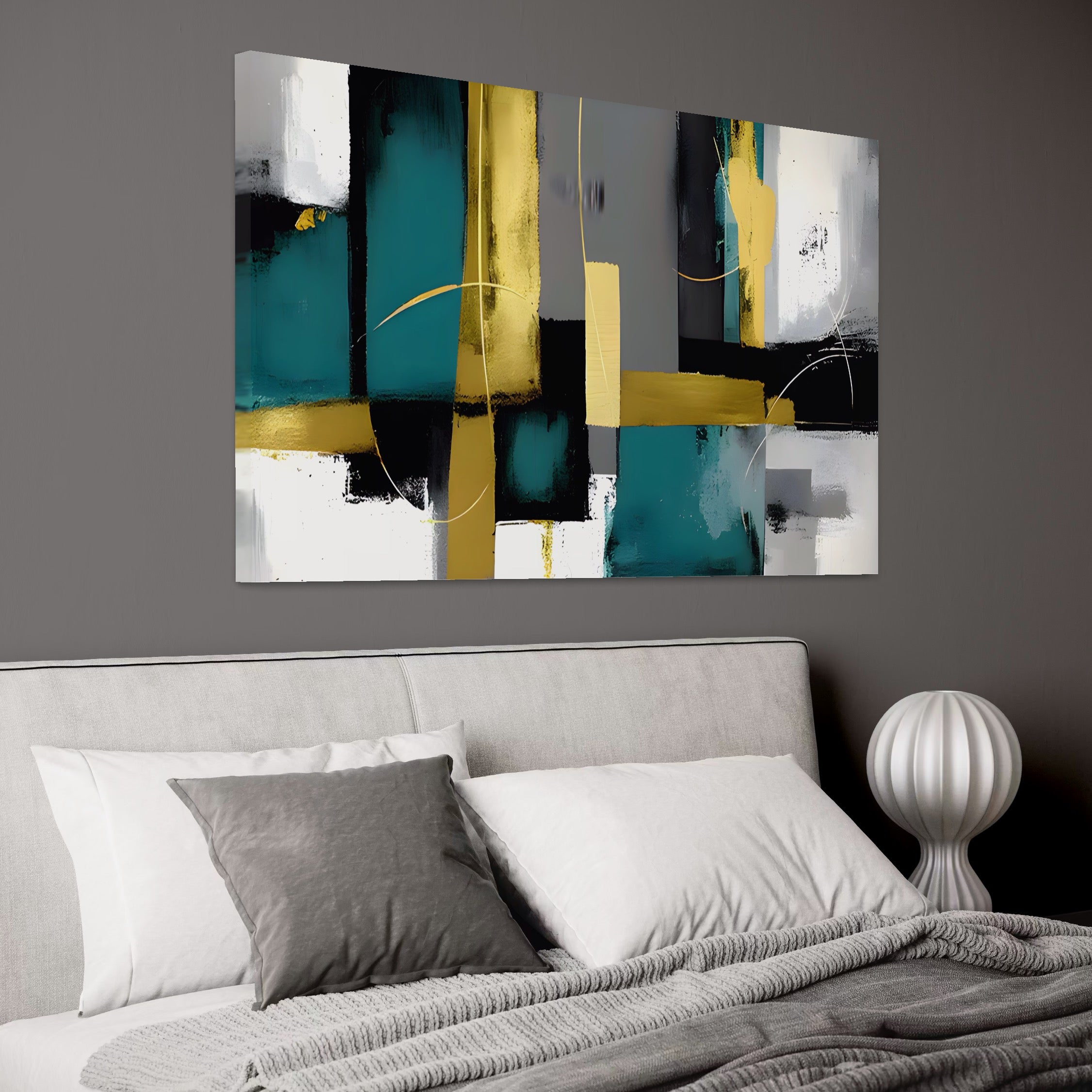 Tablou Canvas Premium LuxCanva® C1218, Abstract Painting Grey, Green And Gold , elaxare, Living Room, Culori Vibrante