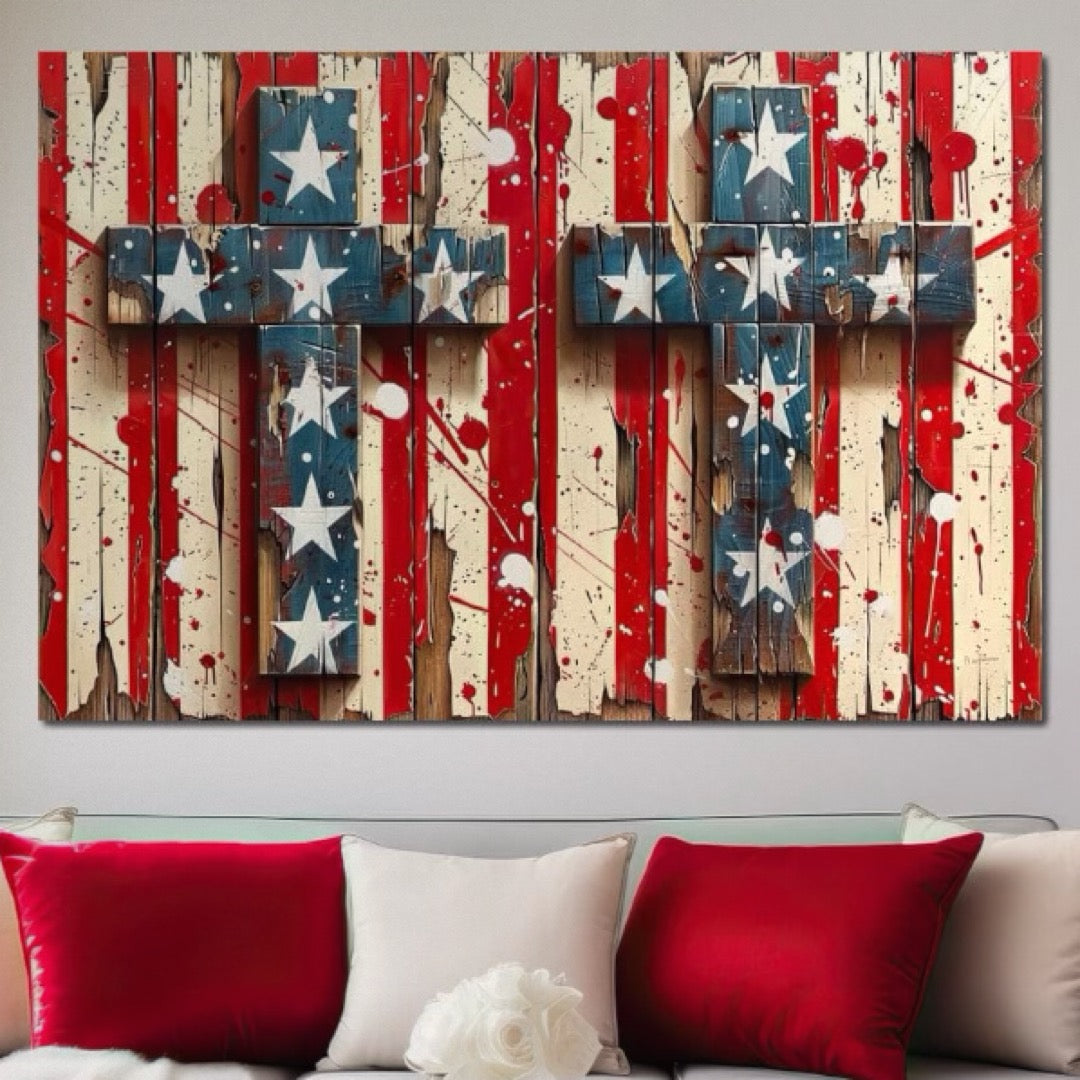 Tablou Canvas Premium LuxCanva® H1041, Crucea Libertatii, Credinta, Cruce, Libertate, Patriotism, Drapel, Stele, Simbol Crestin, Arta Patriotica, Living, Dormitor