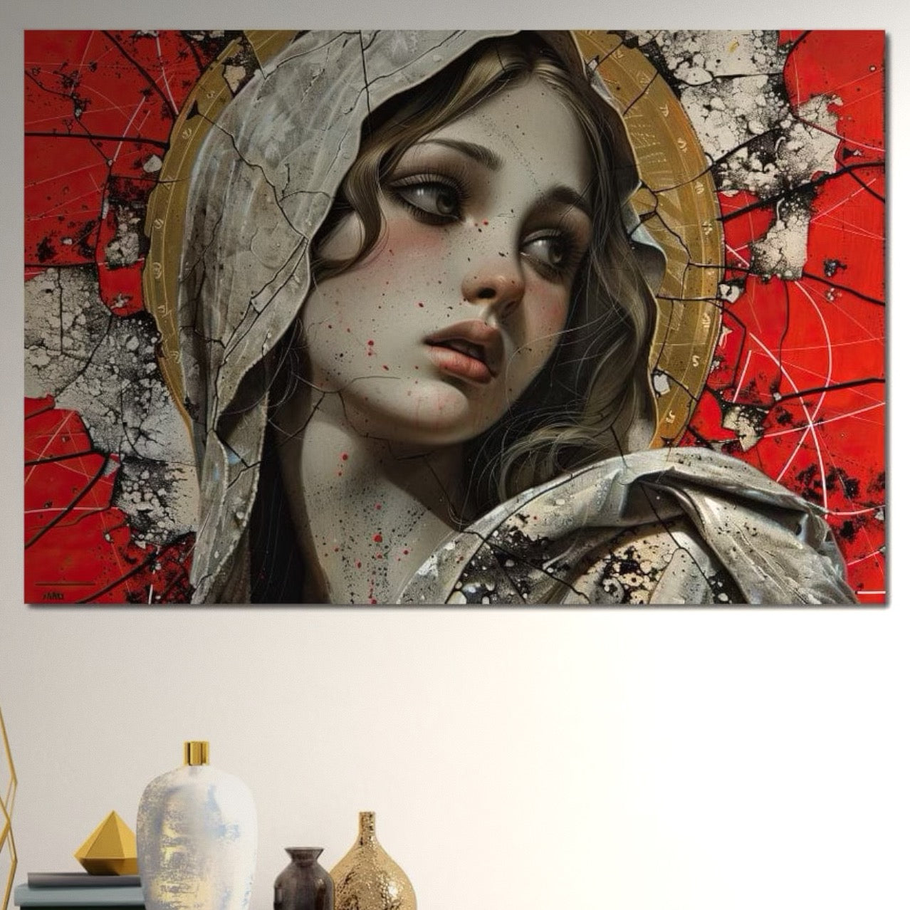 Tablou Canvas Premium LuxCanva® H1042, Aura Sacra, Icoana Reinterpretata, Speranta, Blandete, Fragilitate, Pace, Arta Religioasa Moderna, Living, Dormitor