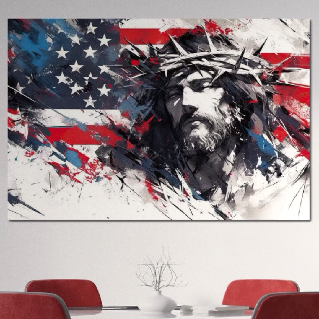 Tablou Canvas Premium LuxCanva® H1045, Credinta si Patrie, Patriotism, Drapel, Libertate, Coroana de Spini, Sacrificiu, Mantuire, Arta Religioasa, Living, Dormitor