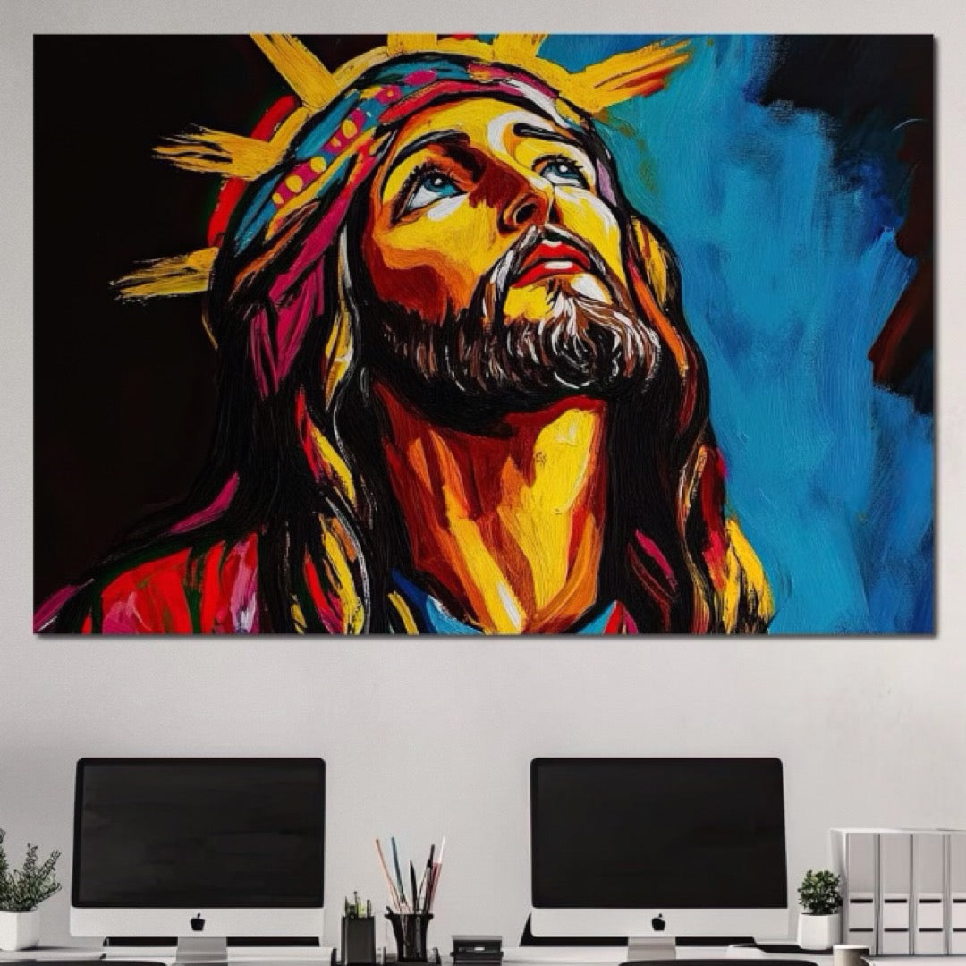 Tablou Canvas Premium LuxCanva® H1052, Privire catre Cer, Iisus, Contemplare, Pace Interioara, Coroana de Spini, Cer, Chip, Arta Religioasa Moderna, Living, Dormitor