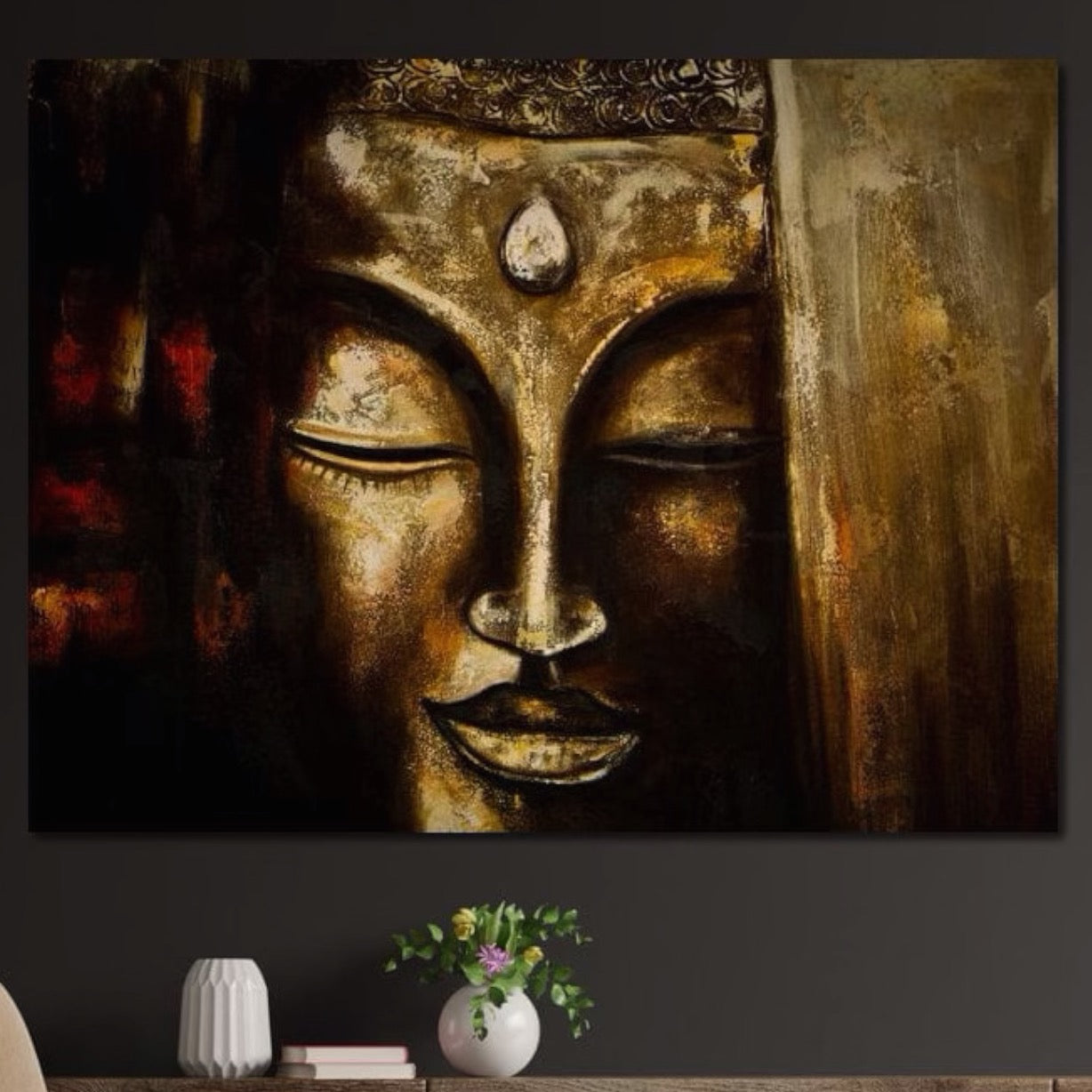 Tablou Canvas Premium LuxCanva® I111, Iluminare in Aur, Buddha, Meditatie, Zen, Armonie, Intelepciune, Liniste, Mantra, Urna, Spiritualitate, Relaxare