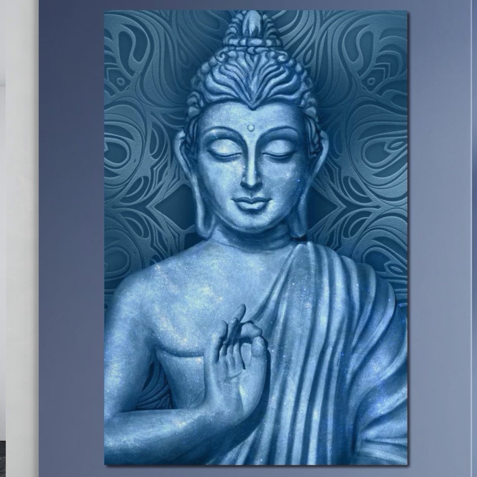Tablou Canvas Premium LuxCanva® I112, Buddha de Safir, Meditatie, Iluminare, Zen, Pace Interioara, Spiritualitate, Armonie, Relaxare, Albastru, Urna