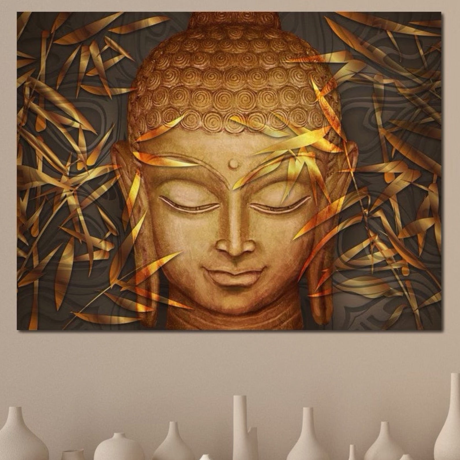 Tablou Canvas Premium LuxCanva® I116, Tacerea Naturii, Buddha, Zen, Liniste, Pace Interioara, Meditatie, Spiritualitate, Armonie, Bambus, Frunze, Chip