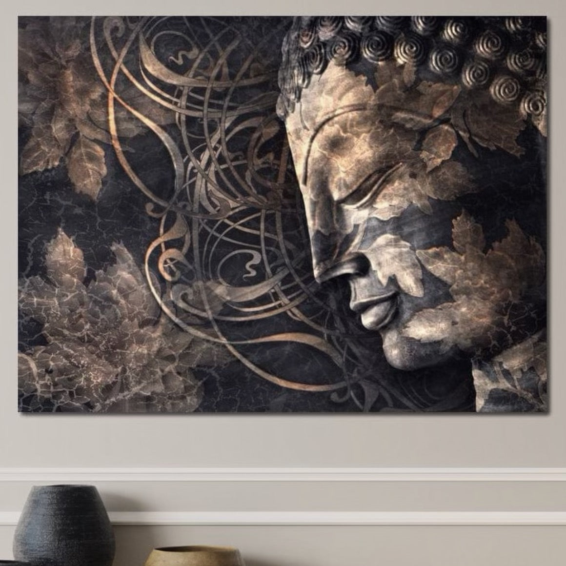 Tablou Canvas Premium LuxCanva® I117, Ganduri din Piatra, Buddha, Echilibru, Meditatie, Zen, Frunze, Ritual, Sacralitate, Fum, Esenta, Armonie, Timp