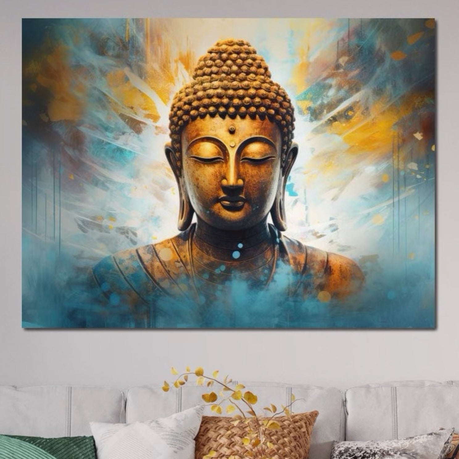 Tablou Canvas Premium LuxCanva® I123, Reflectia Iluminarii, Buddha, Zen, Iluminare, Pace Interioara, Spiritualitate, Armonie, Meditatie, Albastru, Gold, Living, Dormitor