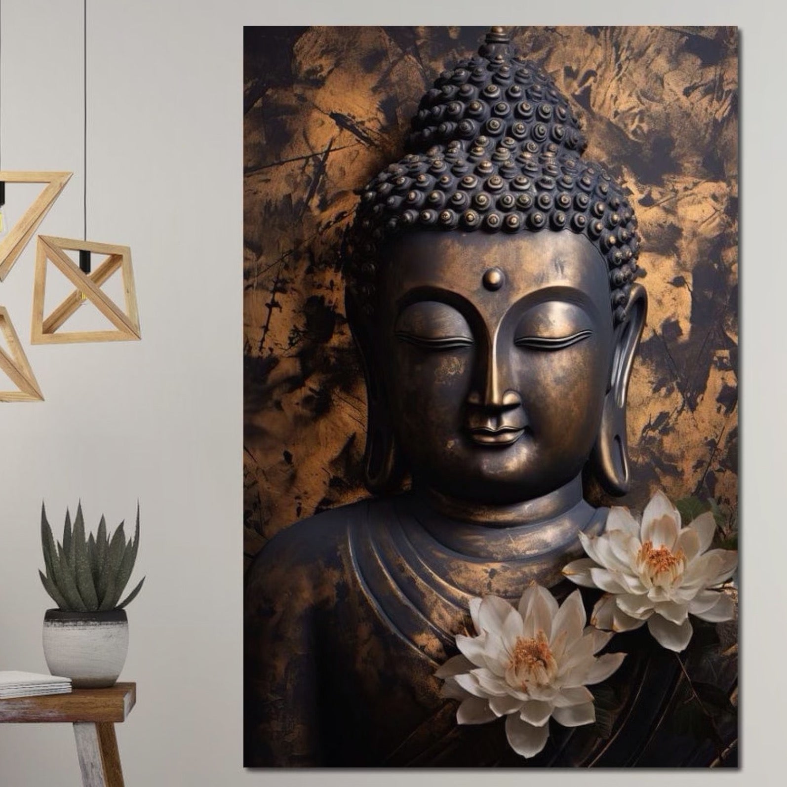 Tablou Canvas Premium LuxCanva® I125, Spiritul Pacii, Buddha, Zen, Meditatie, Spiritualitate, Armonie, Pace Interioara, Echilibru, Lotus, Flori, Urna, Living, Dormitor